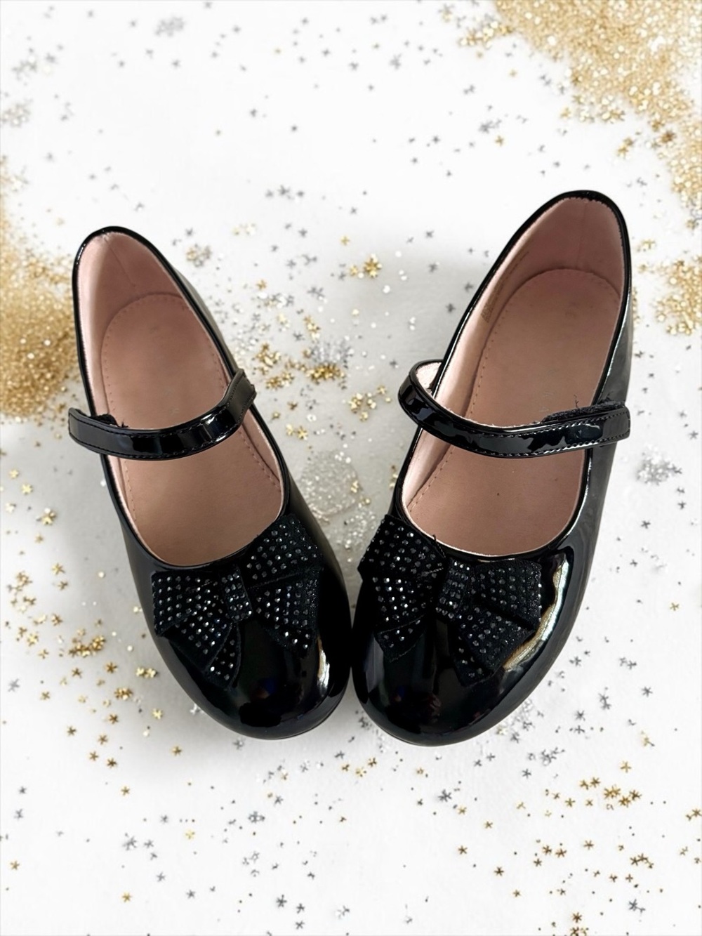 Kelly & Katie Toddler Girl Black Patent Rhinestone Bow Dress Flats | Size 12